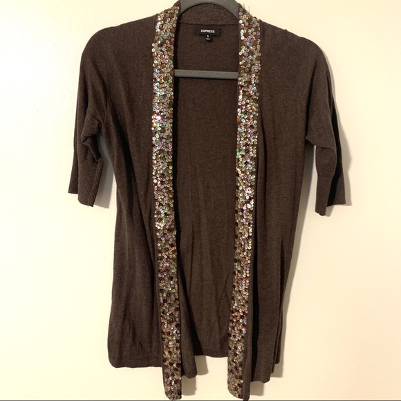 Express Holiday Cardigan Brown w/ Sprakle Sequins - Picture 3 of 7